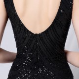 Summer Black Sequins Sleeveless V-Neck Mermaid Evening Dress
