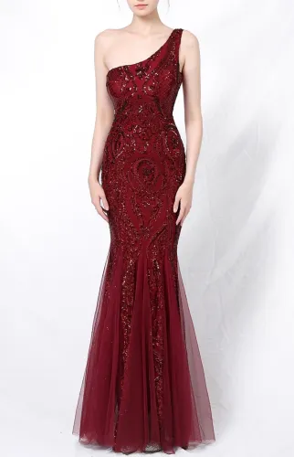 Summer Red Sequins One Shoulder Mermaid Evening Dress