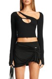 Summer Black Hollow Out Long Sleeve Sexy Crop Top