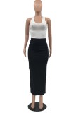 Summer White Ribbed Vest and Hollow Out Black Skirt 2PC Set