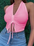 Summer Street Style Pink Ruched Strings Halter Crop Top