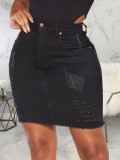 Summer High Waist Ripped Black Denim Skirt