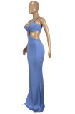 Summer Hollow Out Strap Blue Ribbed Evening Dress