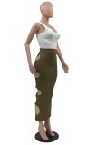 Summer White Ribbed Vest and Hollow Out Green Skirt 2PC Set
