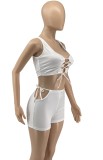 Summer White Sexy Lace-Up Crop Top and Hollow Out Shorts Matching 2PC Set