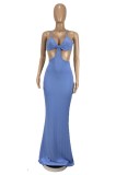 Summer Hollow Out Strap Blue Ribbed Evening Dress