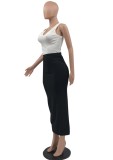 Summer White Ribbed Vest and Hollow Out Black Skirt 2PC Set