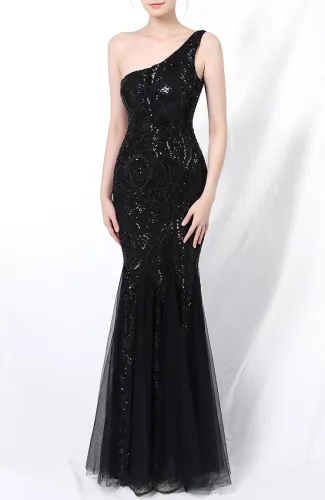 Summer Black Sequins One Shoulder Mermaid Evening Dress