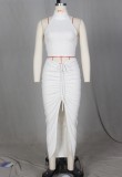 Summer White Scoop Crop Top and Irregular Ruched Skirt Matching 2PC Set