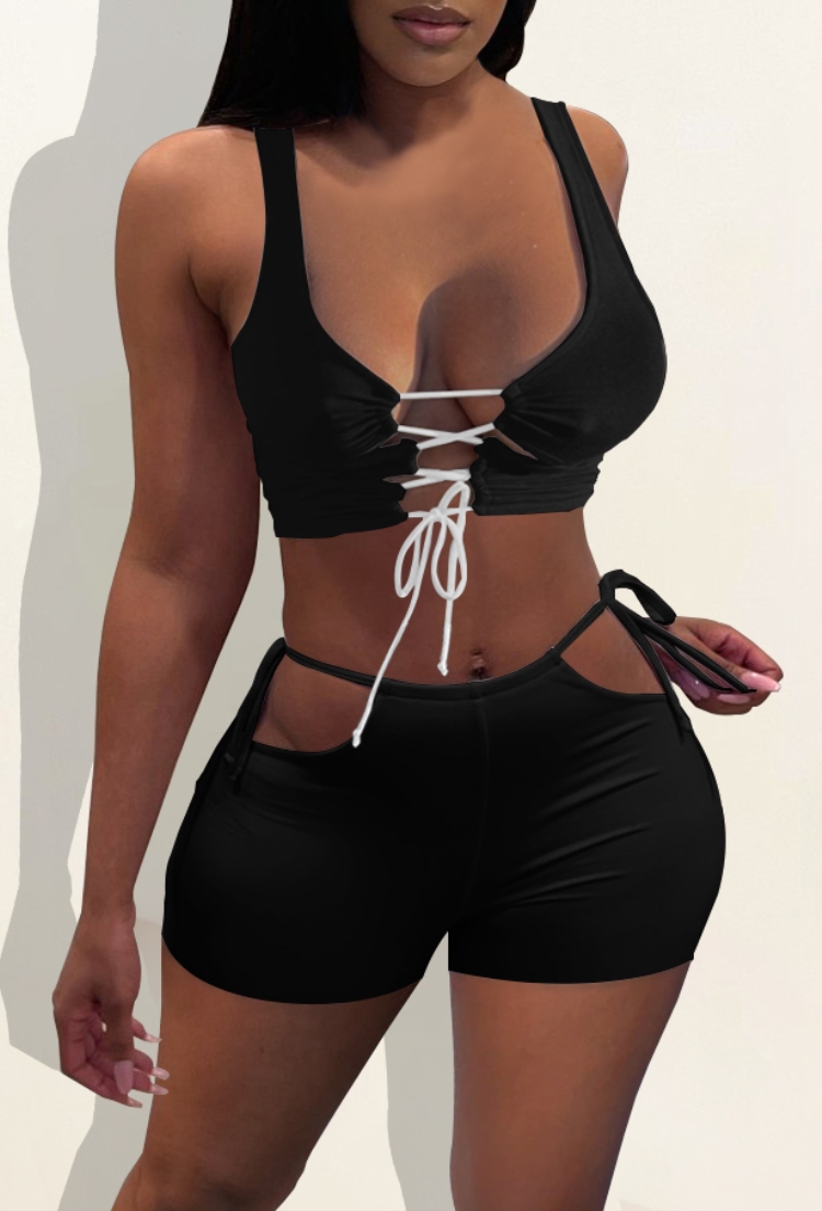 Top corto con lacci sexy nero estivo all'ingrosso e pantaloncini scollati  abbinati a 2 pezzi | Amante globale