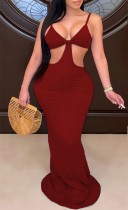 Summer Hollow Out Strap Red Ribbed Evening Dress
