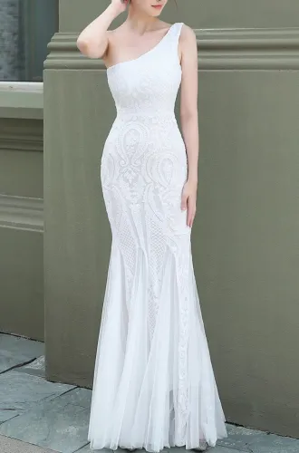 Summer Wedding White Sequins One Shoulder Mermaid Bridal Dress
