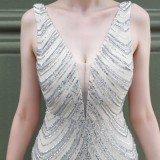 Summer Beige Sequins Sleeveless V-Neck Mermaid Evening Dress