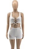 Summer White Sexy Lace-Up Crop Top and Hollow Out Shorts Matching 2PC Set