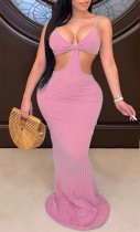 Summer Hollow Out Strap Pink Ribbed Evening Dress