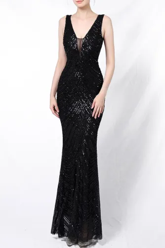 Summer Black Sequins Sleeveless V-Neck Mermaid Evening Dress