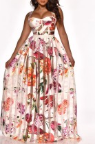 Summer Floral Pink Wide Strap High Waist Long Maxi Dress