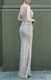 Summer Beige Sequins Sleeveless V-Neck Mermaid Evening Dress