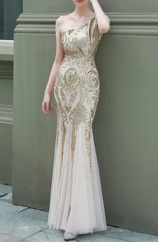 Summer Golden Sequins One Shoulder Mermaid Evening Dress