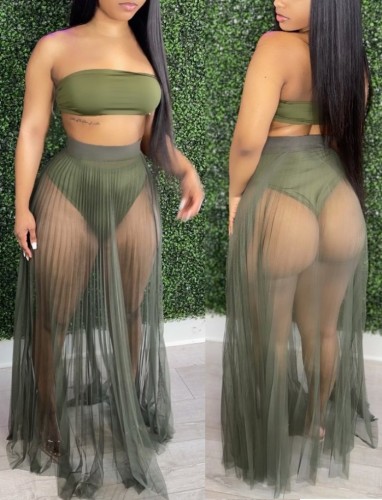 Summer Army Green Bandeau Top and Mesh Skirt 2PC Set