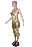 Summer Golden Metallic Sexy Ruched Tube Midi Dress