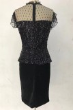 Summer Black Pacth Sequins Formal Peplum Midi Dress