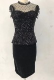 Summer Black Pacth Sequins Formal Peplum Midi Dress