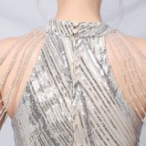 Summer Silver Sequins Scoop Neck Mermaid Evening Dress
