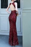 Summer Red Sequins Sleeveless O-Neck Mermaid Evening Dress