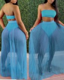 Summer Blue Bandeau Top and Mesh Skirt 2PC Set