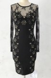 Summer Black Mesh Patch Floral Long Sleeve Elegant Mini Dress