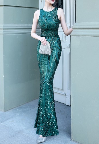 Summer Green Sequins Sleeveless O-Neck Mermaid Evening Dress