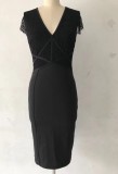 Summer Black Pacth Lace V-Neck Formal Midi Dress