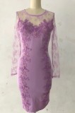 Summer Purple Mesh Patch Floral Long Sleeve Elegant Mini Dress