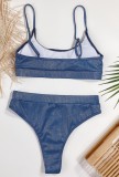 Summer 2PC Blue Metallic High Waist Strap Swimwear
