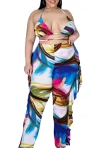 Summer Plus Size Colorful Bra and Ruffles Pants 2PC Matching Set