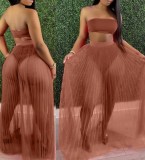 Summer Brown Bandeau Top and Mesh Skirt 2PC Set