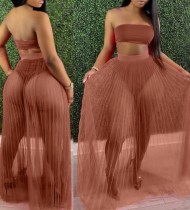 Summer Brown Bandeau Top and Mesh Skirt 2PC Set