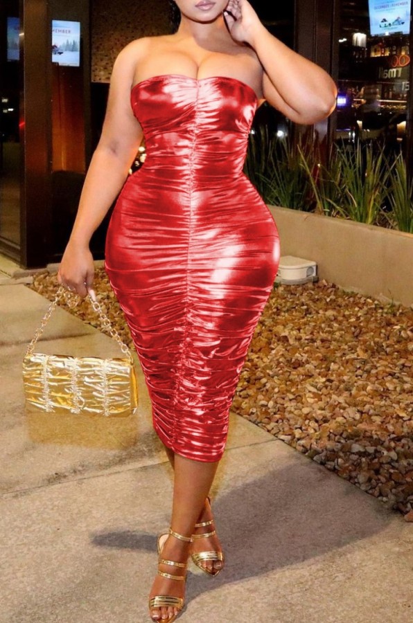 Summer Red Metallic Sexy Ruched Tube Midi Dress