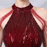 Summer Red Sequins Scoop Neck Mermaid Evening Dress