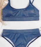 Summer 2PC Blue Metallic High Waist Strap Swimwear