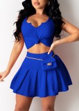 Summer Blue Tank Crop Top and High Waist Pleated Skirt Matching Set