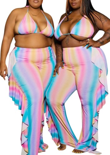 Summer Plus Size Colorful Bra and Ruffles Pants 2PC Matching Set