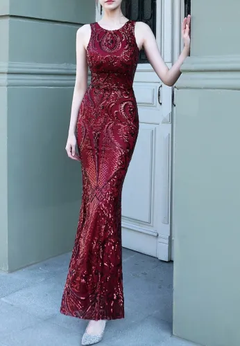 Summer Red Sequins Sleeveless O-Neck Mermaid Evening Dress