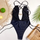 Summer 1 Piece Black High Cut Strap Swimwear
