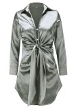 Spring Long Sleeve Knotted Elegant Grey Blouse Dress