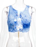 Summer Tie Dye Blue Chains Lace-Up Sleeveless Crop Top