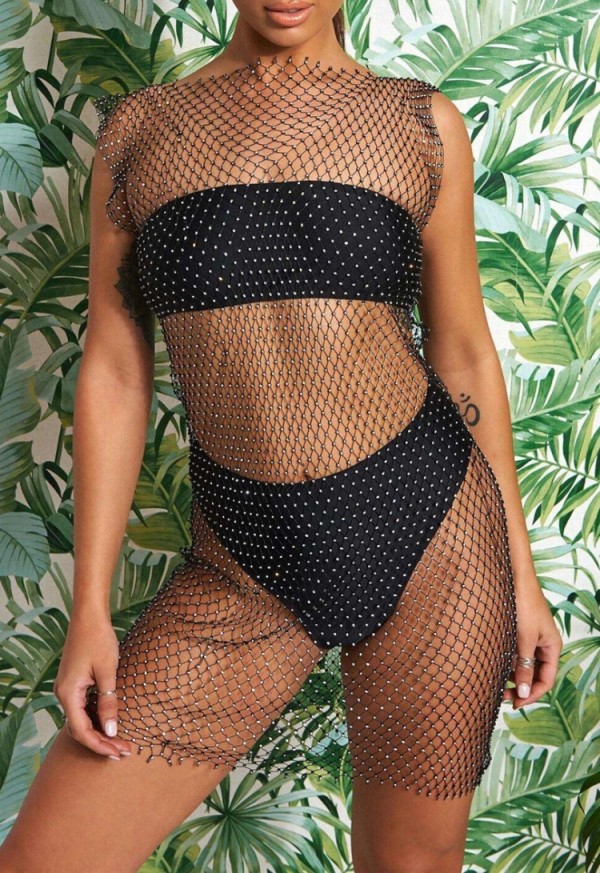 Summer Black Beading Fishnet Mini Dress Cover-Up