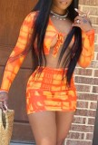 Summer Tie Dye Orange Long Sleeve Crop Top and Mini Skirt Two-Piece Matching Set