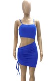 Summer Blue Cut Out Ruched Strings Strap Mini Bodycon Dress